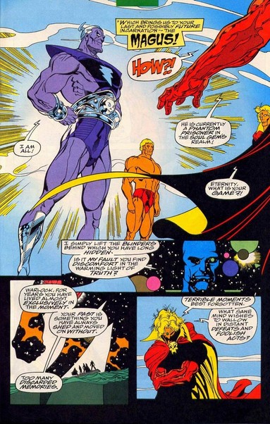 page of comic book showing the space god character showing the caped character different versions of himself, one is evil