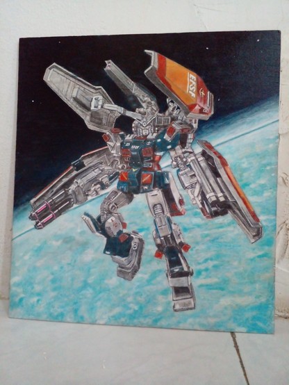 painting of a robotic figure hovering above the earth, he is equipped with lots of weapins and shields, his colors are silver, orange, red, and blue