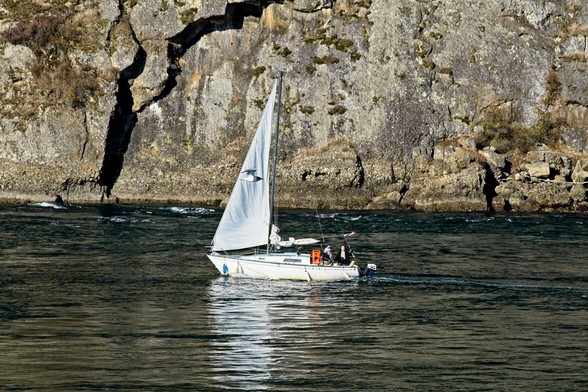 a seagull sails past a sailboat in a narrow channel backdropped by a craggy cliff.