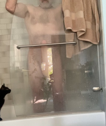 Man presses erection against glass shower door; cat watches from tub