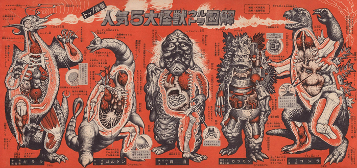 These amazing #diagrams showing a #medical cross–section of #Godzilla along with other #Japanese #monsters  such as Mothra, Gamera and Agurius. These illustrations were created in 1967 by Shogo Endo in the book ‘An Anatomical Guide to Monsters’. This cult book was crafted by Shoji Otomo (writer) along with Shogo Endo (illustrator) (1967). 
The book has long been out of print #culture #art #Japan #history #ContentCatnip 
https://contentcatnip.com/2023/06/09/an-anatomical-guide-to-godzilla-and-other-gigantic-japanese-monsters/