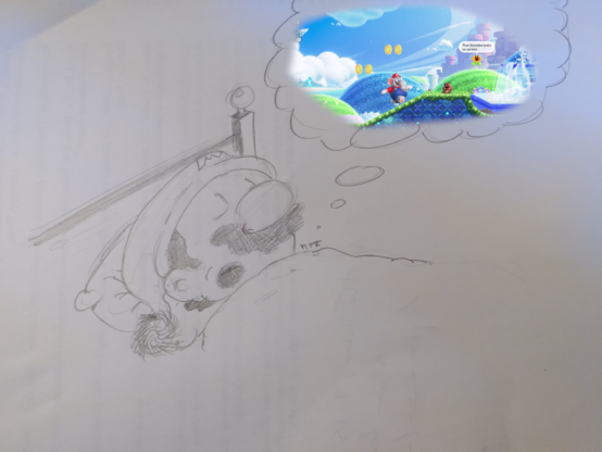 Dessin de Super Mario dormant dans un lit avec un bonnet de nuit sur la tÃªte. Il rÃªve, et on voit une image du futur "Super Mario Wonder" dans sa bulle de rÃªve.