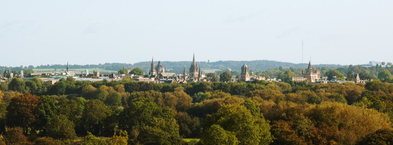 A panoramic view overlooking the centre of Oxford and its many spires/towers. In the centre is the University Church of St Mary the Virgin. To its right is Tom Tower and then Christ Church Cathedral. To its left is Radcliffe Camera (the dome) and All Saints' Church, then Carfax Tower, Sheldonian Theatre and Exeter College Chapel.