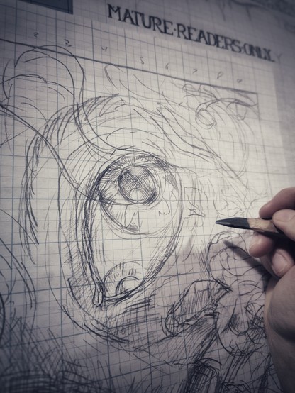 A plotting sketch for a painting, drawn on graph paper. A large eye with two pupils covered in hair and leaves is visible in the foreground. A lettering page with the words "MATURE READERS ONLY" is visible just behind the plotting sketch.