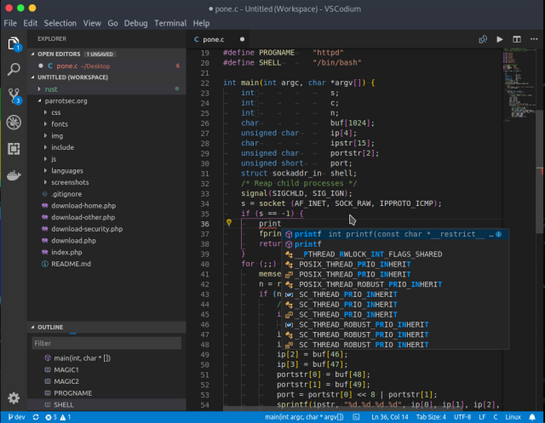 A view of its user interface in a dark theme, with code editing on the right showing syntax highlighting, suggestions when entering code and code structuring in nested levels, the current project tree on the left, and the editor menus at the top and far left.

VSCodium is a telemetry-free fork (VSCodium=publishing Visual Studio Code binaries without telemetry) of Visual Studio Code, the Microsoft libre, multi-platform code editor, combining the simplicity of a code editor with what developers need for their edit, build and debug cycle, and leaving more complex workflows to more comprehensive IDEs, such as Visual Studio IDE. It offers full support for editing, browsing and understanding code, as well as lightweight debugging, a rich extensibility model and lightweight integration with existing tools.