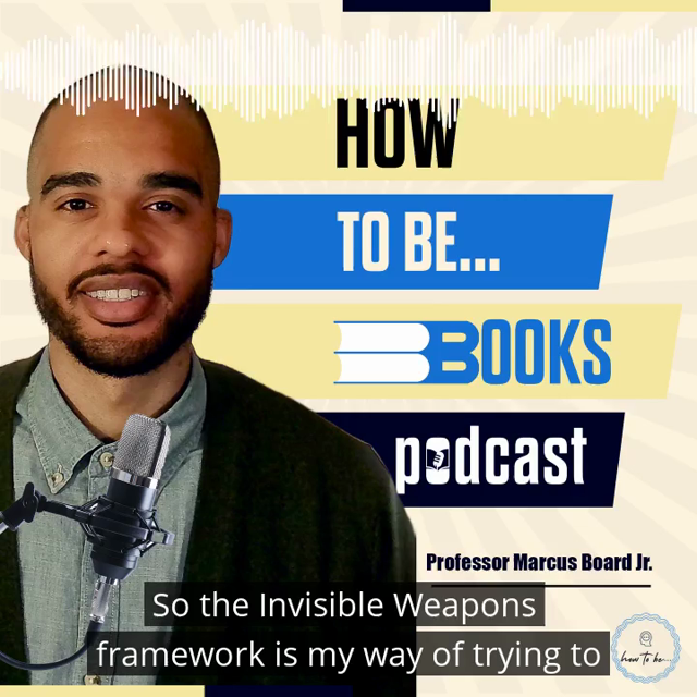Professor Marcus Board Jr is an African American man with a beard wearing a denim shirt and black cardigan, smiling at the camera. He stands behind a microphone with a yellow, blue and beige background that says How To Be Books... Podcast