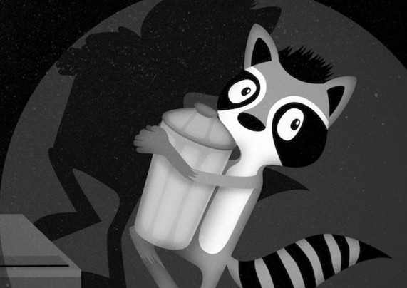 Picture of The Trash Panda, an anthropomorphic cartoon vector-art raccoon without a mouth, lifting up a trash can in an alleyway and about to make a run for it, but is spotted by a spotlight, causing his pupils to shrink in surprise. He doesn’t have a mouth. The picture is grainy and greyscale.