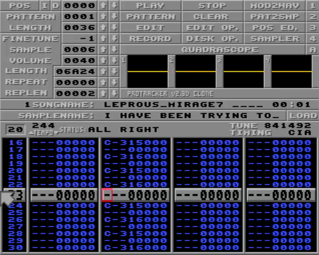 The refrain of the song "Mirage" by Leprous but remade with samples in the four tracks of ProTracker.