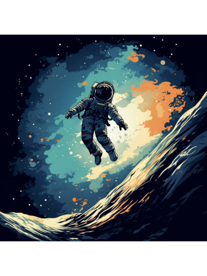 Graphic digital art image of a sole astronaut floating out in the cosmos.
