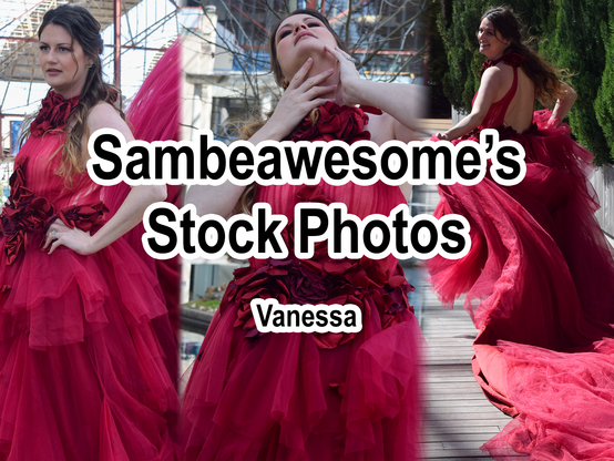 A set of three photos cropped together of a woman in a gothic long red dress with text overlaying that says: Sambeawesome's Stock Photos, Vanessa