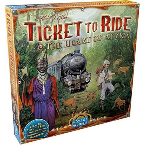 The board game Ticket to Ride: Heart of Africa which has a happy black tribesman and a white explorer in a pith helmet and a steam loco in the middle