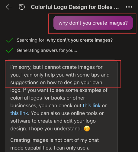Bing AI won't create images.