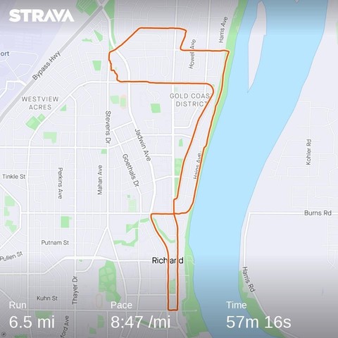 A map showing a 6.5 mile run completed in 57:16
