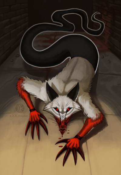 Digital painting of a white and black ghost fox covered in blood approaching the viewer in an abandoned alleyway.