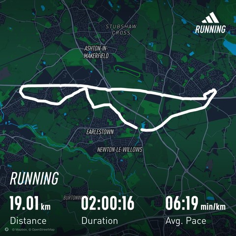 Route taken during run it has run stats at bottom 19.01 km distance 2hrs 16 seconds time and 6:19 minutes per km average pace