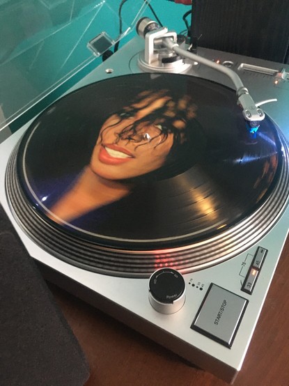 The Donna Summer self-titled LP on picture disc, playing on an Audio Technica LP120 turntable