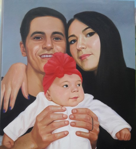 painting of a young father and mother with their baby, the man is holding him up, she has a red bow on her head