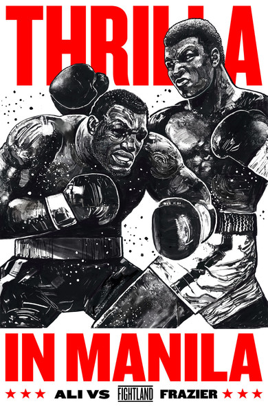 Poster for the Thrilla in Manila, with cartoon images of Ali and Frazier duking it out.