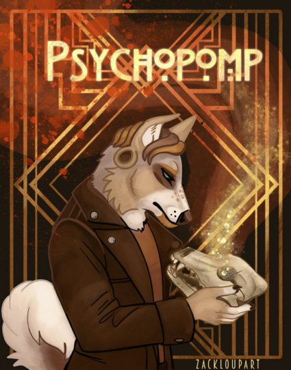 Anthro dog holding a dog skull and looking into its eyes. Ghostly light emits from the skull. The background is an art deco theme. It says "Psychopomp. ZackLoupArt."