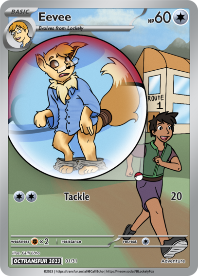 A custom PokÃ©mon Trading Card Game card. In the background, a young man walks down a path leading from a PokÃ©mon Lab on Route 1. On his belt is a single PokÃ©ball. An inserted panel shows inside of the PokÃ©ball, where Lockely is transforming into an Eevee.