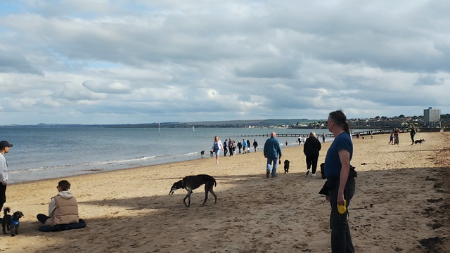 Panning around from right to left on Portobello Beach, to take in the Firth of Forth and gentle waves hitting the beach, while small yachts sail further out, then continue round until we're looking back at the Promenade and the swimming pool building