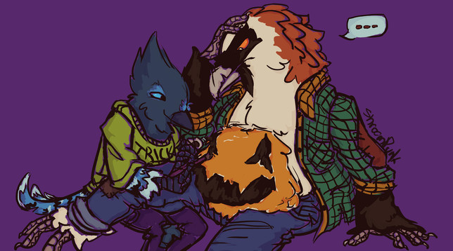 Digital illustration of two anthro bird men sitting together. On the left is a steller's jay in a trick or treat shirt, and he's painting a jack-o-lantern onto the large belly of his fat bearded vulture boyfriend, who is watching with some mild annoyance as he does so.