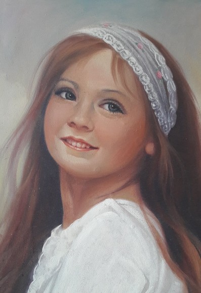 painting of a smiling caucasian girl, wearing a white kerchief with pink flowers on it, her shirt is white, she is looking back over her left shoulder