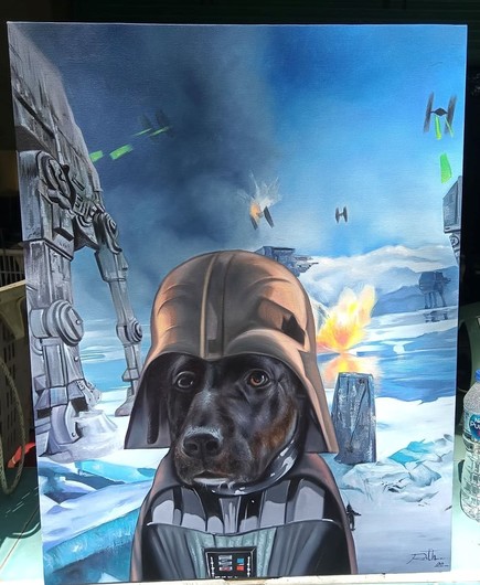 a painting of a dog wearing Darth Vader's helmet and clothing, his fface exposed, around him is a battle, there are AT-AT vehicles and TIE fighters shooting lasers and exploding