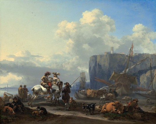 View of an Italian Port (early 1660s) by Nicolaes Berchem.
In this scene, Nicolaes Pietersz Berchem captures both the beauty of the Italian landscape and the cool, crystalline light that imbues it with its distinctive atmospheric quality. Towering cliffs, surmounted by a round bastion and a sturdy tower, form the dramatic backdrop for the arrival of a Dutch merchant ship in a calm harbor. The galley with the furled sail lies tilted to one side, indicating that it is low tide. Two lighters—small wide-bottom barges used to ferry goods to ships anchored in deeper water—seem to await the Dutch ship’s arrival. A hunting party joins several cattlemen and goatherds at the water’s edge. The elegant couple on horseback is focused on the falcon airing its wings on the woman’s arm. The man with the staff standing next to the pair is likely the master of the hunt, the individual in charge of the dogs.