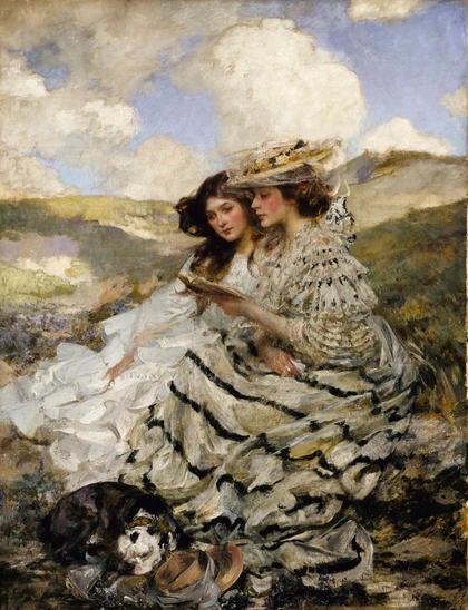 painting of two very nicely dressed women sitting down amongst romantic rolling hillsides, one is in a big white dress, the other in a white dress with strips of dark color in it and is wearing an elegant hat, there is a dog sleeping at their feet and theyre reading a book