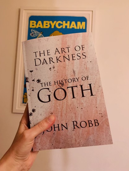 I’m holding a book called “The Art of Darkness: The History of Goth” by John Robb. Behind is a bargain Babycham tea towel in a frame.