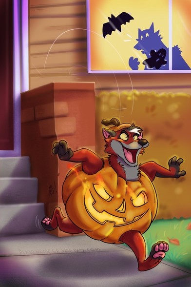 My fursona popping out of a magic jack o lantern, running off from someone’s stoop to cause some mischief.