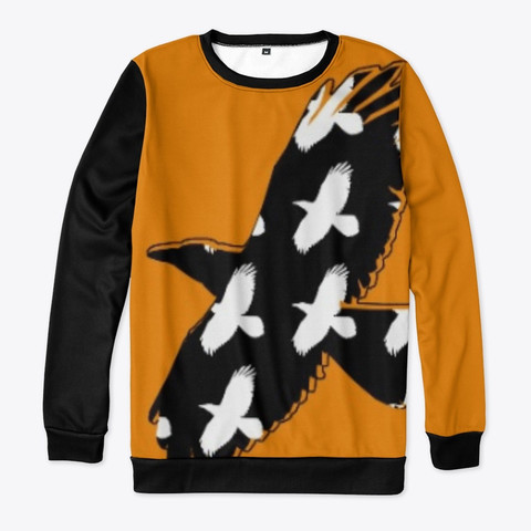 An orange sweatshirt with black collar and cuffs, and one black arm.  There is a silhouette of a crow or raven in flight on the body of the sweatshirt. This is the front of the sweatshirt.

This is a product mockup from teespring