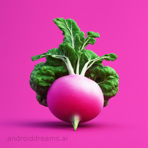 An image generated by Stable Diffusion, with the prompt "3D render of a radish, vaporwave, post-processing"