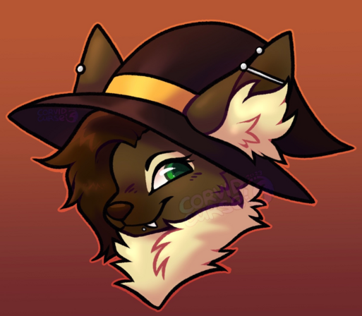 Digital bust drawing of a brown bat wearing a black witch hat with a yellow band, she is looking at the viewer with a mischievous smile