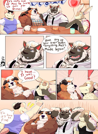 Comic showing a transformation sequence of four anthropomorphic characters thanks to a velociraptor mad scientist. Aidan the mouse becomes an enormous pig blob, Sam the Bernese mountain dog becomes a bulky musclegut kangaroo, Yen the Hrothgar becomes macro-sized, and Sirocco the jackrabbit becomes a musclegut donkey.