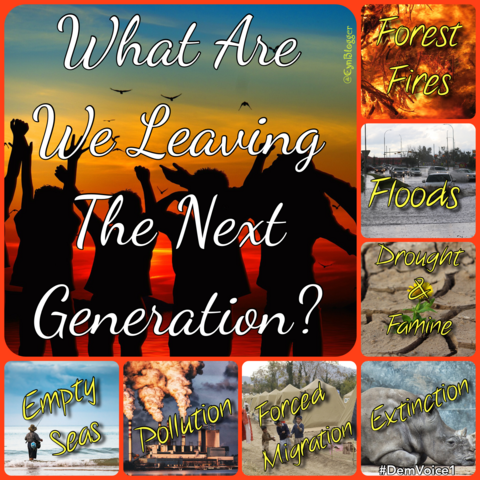 Meme: a large square of silhouetted kids backed by a sunset with the text, â€œWHAT ARE WE KEAVING THE NEXT GENERATION?â€� Surround the square on two sides are smaller squares with graphic photos and text describing the pics: FOREST FIRES, FLOODS, DROUGHT & FAMINE,  EXTINCTION, FORCED MIGRATION, POLLUTION, EMPTY SEAS.