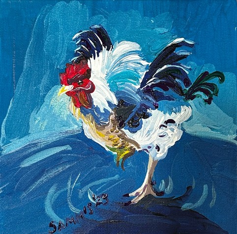 Rooster splashes in a puddle. Piece is mostly blue with some yellow, red, green, and purple.