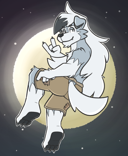 Quinn as a lycanroc, floating in front of a brightly lit full moon while flashing a "rock on" sign.