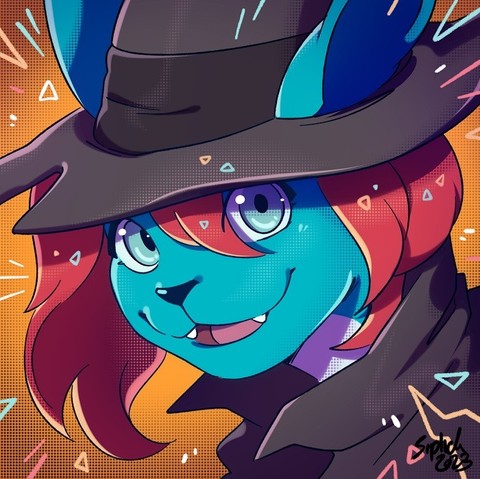 Digital portrait illustration of an anthropomorphic blue character wearing a cape and a witch hat