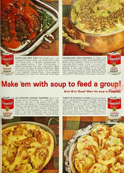 4 panels of food with soup dumped on it.