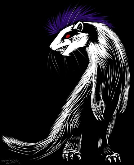 Black and white ferret with red eyes and a blue mohawk on a black background