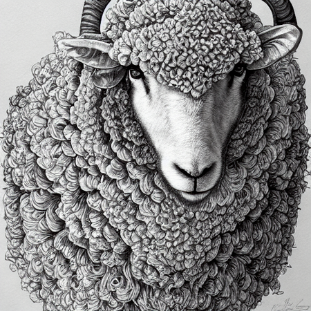Black and white drawing of a very fluffy sheep.