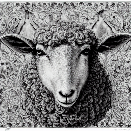 Black and white drawing of a sheep with a very ornate background