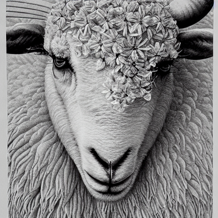 Black and white drawing of a  sheep with something that looks like flowers on the left side of its head. This one has like a third ear and two mouths.