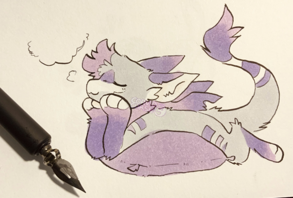 Traditional ink drawing of an anthromorphic feline-like creature, their fur is grey with purple and pink markings, they are wearing a scarf ends of which are shaped like bat wings with a few tears at the tip. They are laying down on a large purple pillow, relaxing