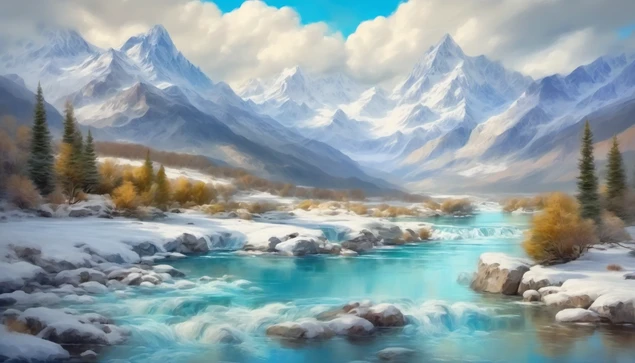 An AI generated painting of a Snowcapped mountains with a river, lake and waterfall under a partly cloudy sky.