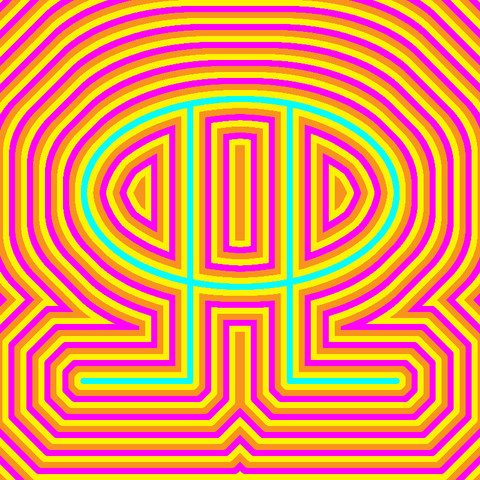 There is a bright cyan sigil is centered within the image.  It is primarily made up of an oval.  The oval has an L shape and its mirror piercing the oval and supporting it like legs.  The sigil has an aura of the colors yellow, orange, and magenta.  The aura repeats and radiates away from the sigil.