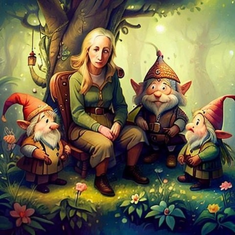 Image with seed 1456129935 generated via Stable Diffusion through @stablehorde@sigmoid.social. Prompt: a picture of Jane Goodall with a group of gnomes, fairytaleai###, worst quality, low quality:1.4), EasyNegative, bad anatomy, bad hands, cropped, missing fingers, missing toes, too many toes, too many fingers, missing arms, long neck, Humpbacked, deformed, disfigured, poorly drawn face, distorted face, mutation, mutated, extra limb, ugly, poorly drawn hands, missing limb, floating limbs, disconnected limbs, malformed hands, out of focus, long body, monochrome, symbol, text, logo, door frame, window frame, mirror frame