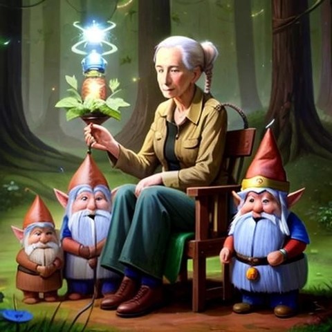 Image with seed 3043492539 generated via Stable Diffusion through @stablehorde@sigmoid.social. Prompt: a picture of Jane Goodall with a group of gnomes, teslapunkai###, worst quality, low quality:1.4), EasyNegative, bad anatomy, bad hands, cropped, missing fingers, missing toes, too many toes, too many fingers, missing arms, long neck, Humpbacked, deformed, disfigured, poorly drawn face, distorted face, mutation, mutated, extra limb, ugly, poorly drawn hands, missing limb, floating limbs, disconnected limbs, malformed hands, out of focus, long body, monochrome, symbol, text, logo, door frame, window frame, mirror frame